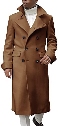 Men's Long Trench Coat Notched Lapel Double Breasted Pea Coat Overcoat